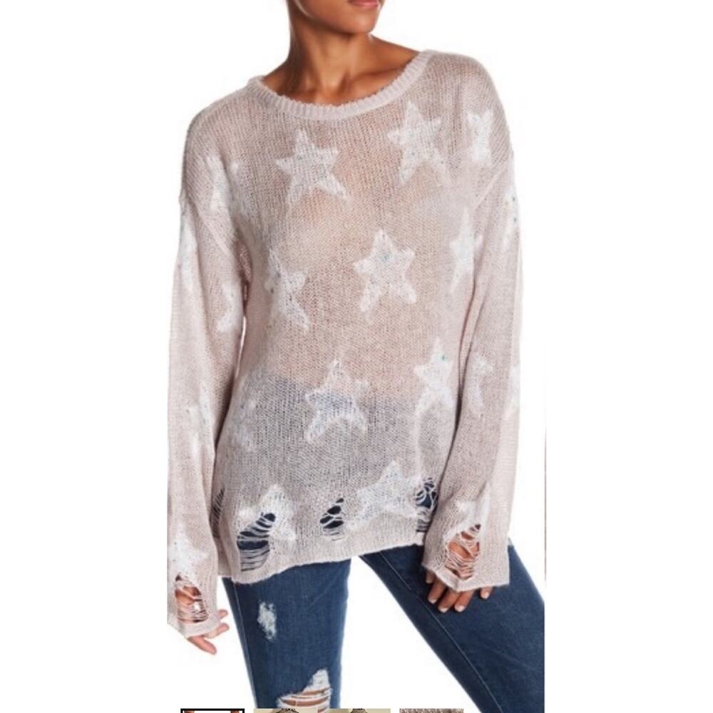 Wildfox Gold Label Seeing Stars Distressed Blush Pink Knit Pullover Sweater S